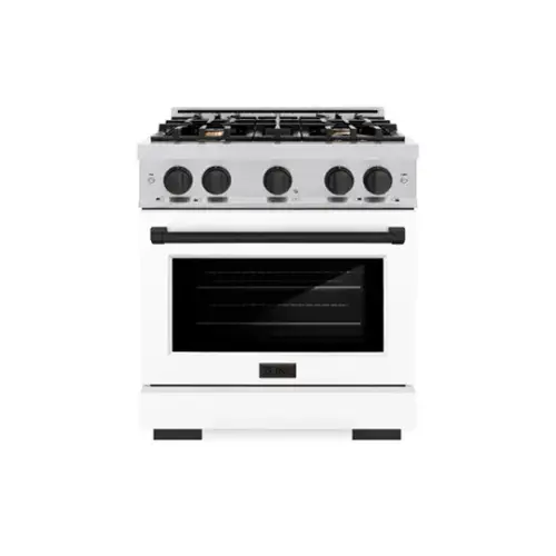Front. ZLINE - ZLINE Autograph 30" Freestanding Select Gas Range w/ 4 Burners & White Door w/ Black Accents (HGRZ-WM-30-MB) - Stainless Steel.