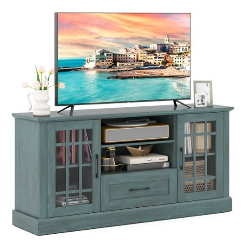 Costway - Farmhouse TV Stand for TVs up to 70" Entertainment Media Center Storage Cabinet - Teal Blue-Front_Standard 