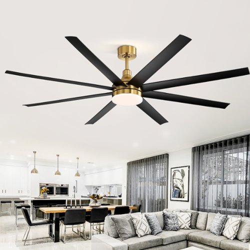 Breezary - 72" Large Indoor Ceiling Fan with Remote, 8 ABS Blades, 6-Speed DC Motor, Timer, 7''/12''Downrods, Light/No Light Option - Gold and Black (With Light)-Front_Standard 