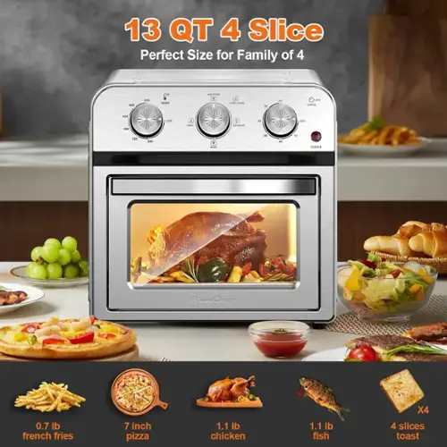 13 QT 4 Slice  
Perfect Size for Family of 4  

- 0.7 lb french fries  
- 7 inch pizza  
- 1.1 lb chicken  
- 1.1 lb fish  
- 4 slices toast