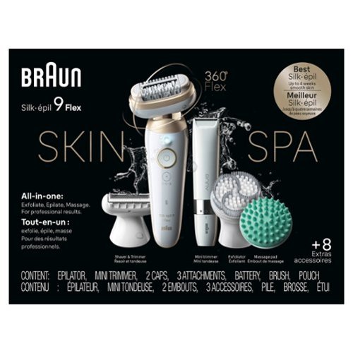 Braun Silk-épil 9 Flex-Pivoting SkinSpa Epilator, Wet/Dry, Shaver Head, Massage Pad, Exfoliation Brush and BodyTrimmer - White/Tinted Gold WORLDWIDE DELIVERY