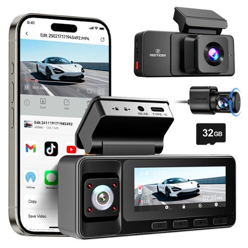 REDTIGER - A3-3 Channel, 2.5K Dash Camera, WDR Night Vision, 32GB Card, WiFi - Black-Front_Standard 