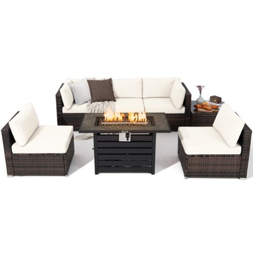 Gymax - 7PCS Patio Rattan Furniture Set 42'' Fire Pit Table w/ Cover Cushioned - Off White-Front_Standard 