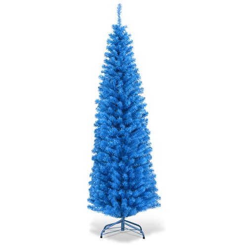 Costway - 6FT Unlit Pencil Slim Tree Artificial Christmas Tree Metal- Blue