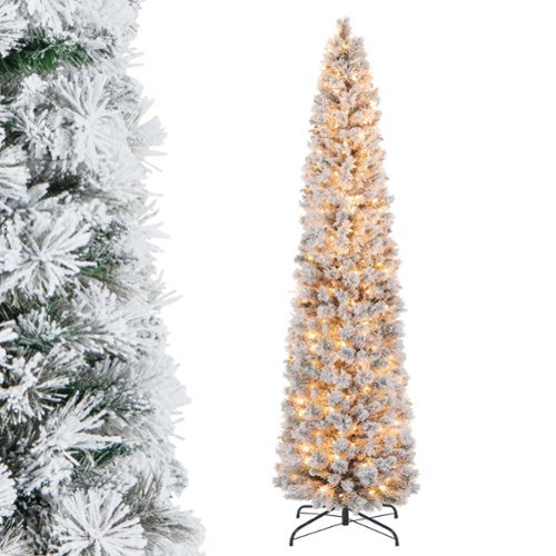 Costway - 7 FT Pre-Lit Slim Christmas Tree Flocked Decoration with Pine Needles & Lights - Green /White