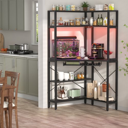 Aheaplus - Corner Computer Desk with Hutch, Gaming Desk with Keyboard Tray for Home & Office - Black-Front_Standard 