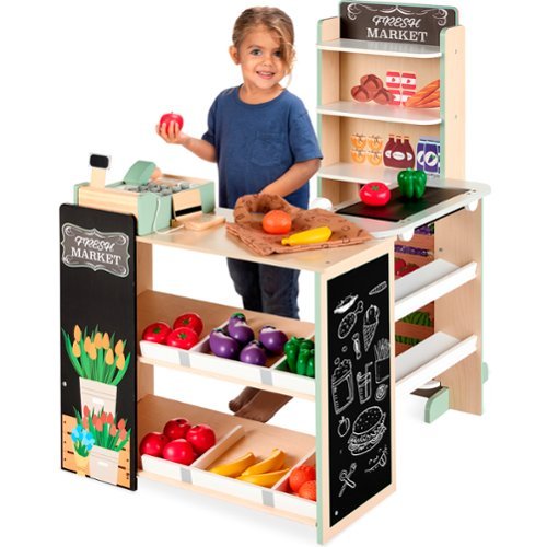 Best Choice Products - Kids Pretend Play Grocery Store Wooden Supermarket Set w/ Chalkboard, Cash Register - Natural-Front_Standard 