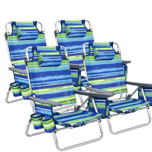 Costway - 4-Pack Folding Backpack Beach Chair 5-Position Outdoor Reclining Chairs with Pillow - Blue-Front_Standard 