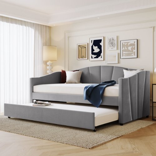 Tiramisubest - Upholstered Daybed Sofa Bed Twin Size With Trundle Bed and Wood Slat ,Gray - Gray-Front_Standard 
