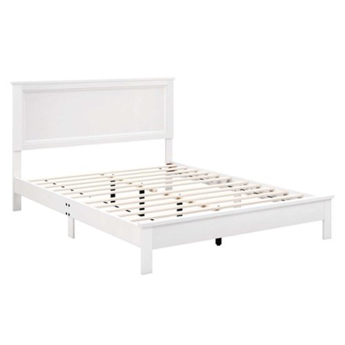 Costway - Queen Size Bed Frame Platform Slat High Headboard Bedroom Rubber Wood Leg - White-Front_Standard 