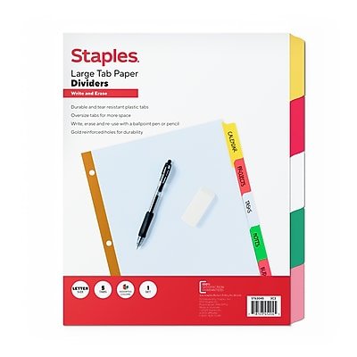 Staples - Large Tab Write & Erase Paper Dividers, 5-Tab, Multicolor - Assorted Colors