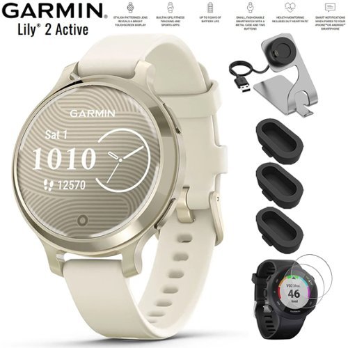 Garmin - Lily 2 Active Smartwatch Lunar Gold with Band + Charging Dock Bundle - Lunar Gold with Bone Silicone Band - (2024)-Front_Standard 