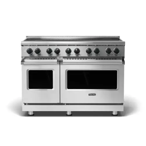 Front. Viking - 5 Series 48" Wide Freestanding Electric Induction Range - Stainless with Brushed Brass Accents.