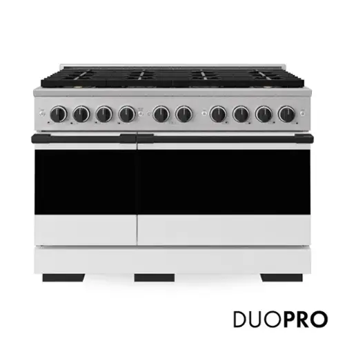 Front. ZLINE - Autograph 48 in. 6.7 cu. ft. Marino Freestanding DuoPro Gas Range w/ White Matte Door and Matte Black Accents - White Matte.