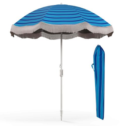 Costway - 6.5 FT Outdoor Fringe Patio Umbrella with Carrying Bag Push Button Tilt for Garden - Navy-Front_Standard 