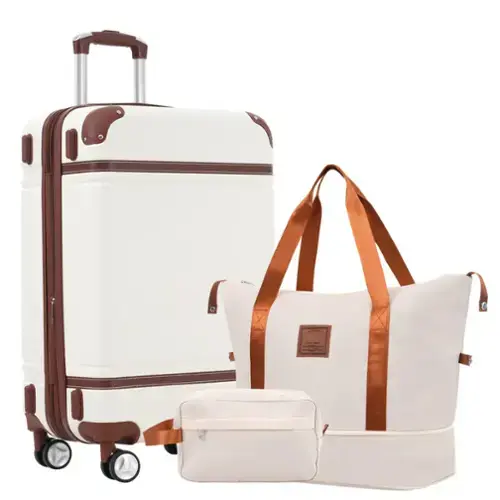 Front. HTUTWOO - 24 IN Hardshell Luggage Set - Lightweight Suitcase with Double Spinner Wheels, TSA Lock, Single Vintage Luggage - White.