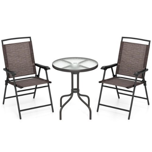 Boyel Living - Brwon 3 Pieces Patio Round Table and Folding Chairs Set with Rippled Tempered Glass 37-in L x 25.5-in W x 17-in H - Brown-Front_Standard 