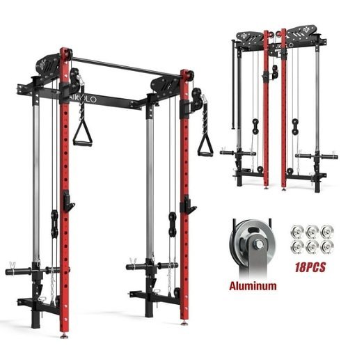 Mikolo - Foldable Power Rack Cage,1000lbs Capacity Wall Mounted Squat Rack with independent pulley system - Red-Front_Standard 