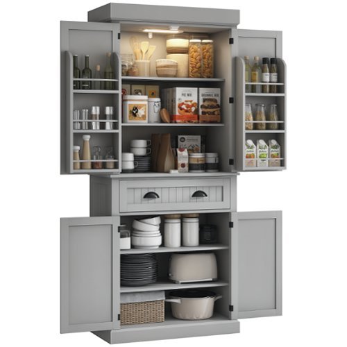Homcom - Kitchen Pantry Cabinet with LED Lights, 6 Door Shelves - Gray-Front_Standard 