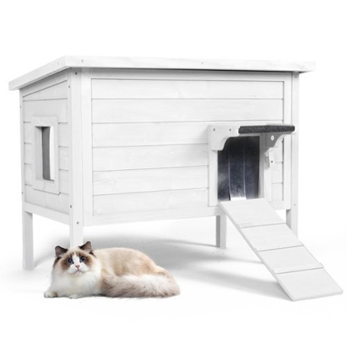 FODINGHILL - Insulated Outdoor Cat House for Multiple Pets, Weatherproof Wood Shelter with Foldable Ladder & Acrylic Window, White-Front_Standard 