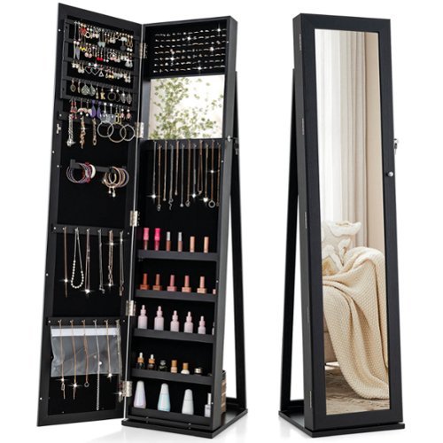 Costway Mirrored Jewelry Cabinet Armoire Lockable Standing Storage Organizer with Shelf - Black