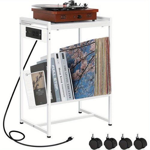 Oumilen - Vinyl Record Player Stand with Charging Station & Storage Shelves - White-Front_Standard 