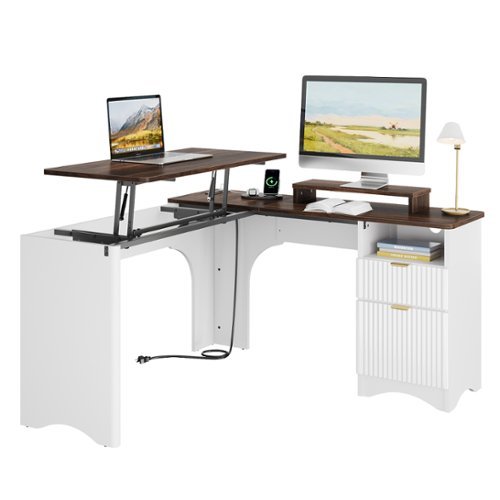 Bestier - 55-inch L-Shaped Computer Desk with Lift Top, Modern Office Desk with Fluted Drawers & File Storage - Walnut-Front_Standard 