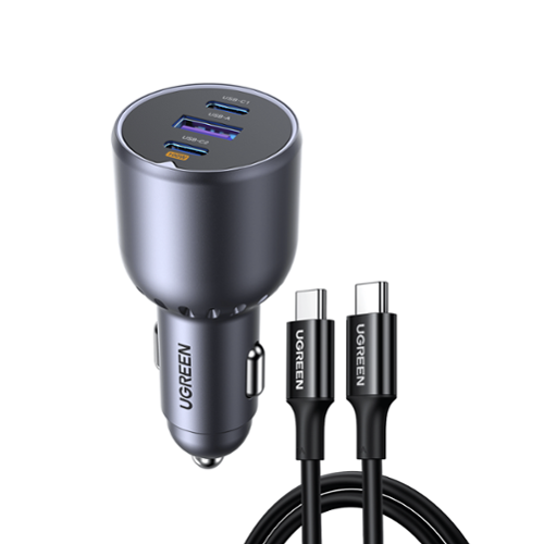 UGREEN - 130W USB-C Car Charger for MacBooks, Laptops, Smartphones, Tablets (3-Port, 100W USB-C Cable Included) - Black-Front_Standard 