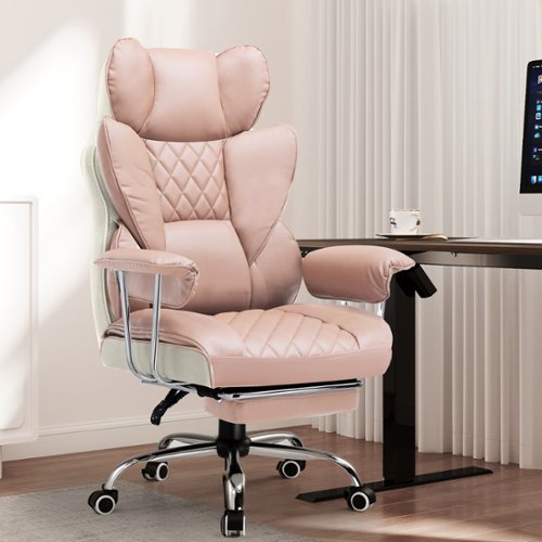 CloudRest Pro - 400lbs Heavy Duty Office Chair Faux Leather Wide Ergonomic Comfy Executive Chair - Pinkwhite-Front_Standard 
