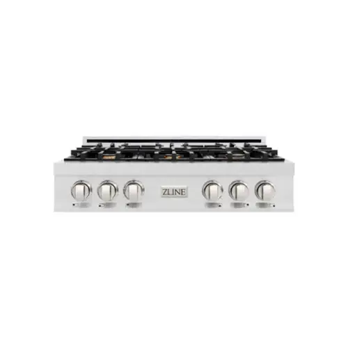 Front. ZLINE - ZLINE 36 in. Classic Gas Rangetop w/ 6 Brass Burners & Porcelain Cooktop in Satin Stainless Steel - Satin Stainless Steel.