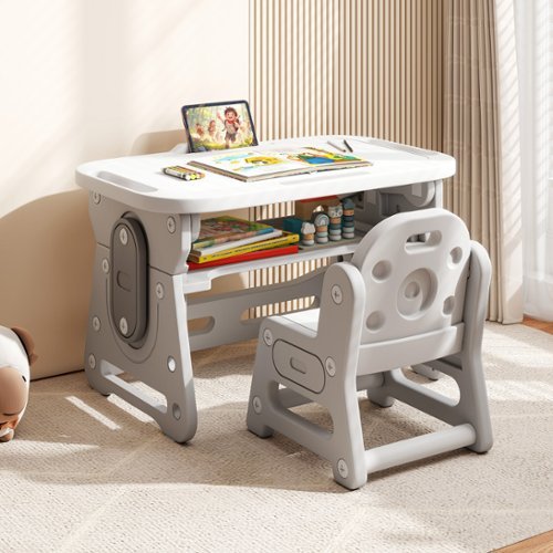 Gymax - Kids Table & Chair Set Height Adjustable Toddler Drawing Table w/ Book Stand - Gray-Front_Standard 