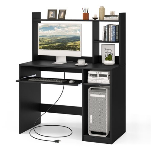 Costway - Computer Desk Study Bookcase Workstation with Charging Station Hutch & CPU Stand - Black-Front_Standard 