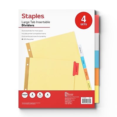 Staples - Large Tab Insertable Paper Dividers, 5-Tabs, 4 Sets - Assorted Colors