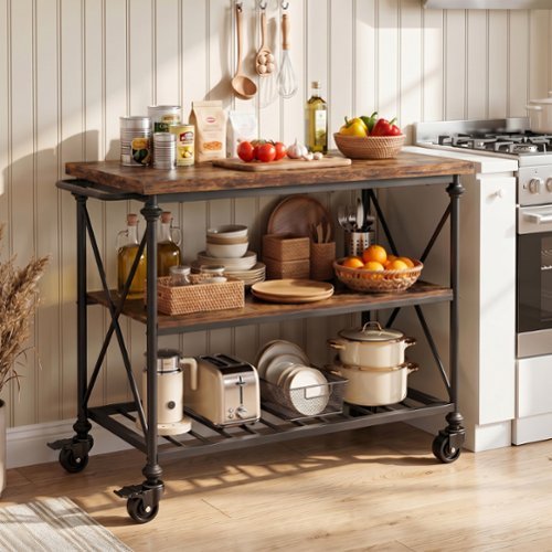 Aheaplus - 3-Tier Wood & Metal Rolling Kitchen Cart with Pipe-Leg Design, Lockable Wheels & Storage Shelves for Kitchen & Dining - Rustic Brown-Front_Standard 