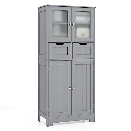 Ecooso - 4-Door Freestanding Bathroom Storage Cabinet with 2 Drawers and Glass Doors Organizer - Gray-Front_Standard 