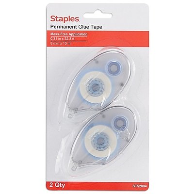 Staples - Roll-On Permanent Glue Tape, 1/3" x 393", 2/Pack - Red/White-Front_Standard 