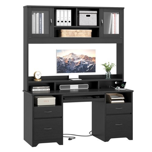 Bestier - 59-inch Computer Desk with Hutch, Charging Station, Fluted Storage Cabinet and Keyboard Tray - Black-Front_Standard 