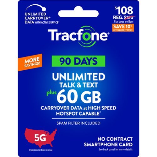 Tracfone - $108 Unlimited Talk & Text plus 60GB of Data 90-Day - Prepaid Plan [Digital]