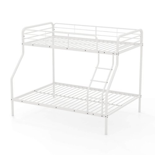 Costway Twin over Full Metal Bunk Bed with Inclined Ladder Safety Guardrail, Slat Support - White