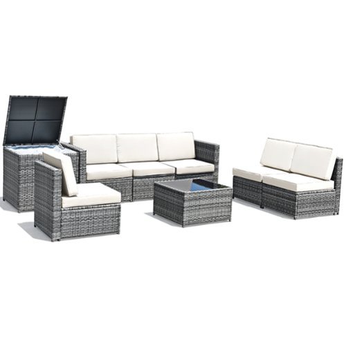 Costway - 8 PCS Wicker Sofa Rattan Furniture Set Patio Furniture w/ Storage Table - White-Front_Standard 