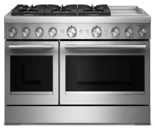 Front. KitchenAid - 6.3 Cu. Ft. Freestanding Dual Fuel Range with Griddle and 6 Burners - Stainless Steel.