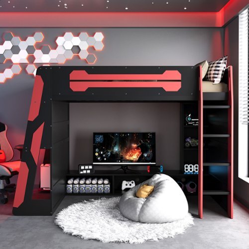 Anysun - Twin Size Wood Loft Bed with Desk, Multi-storage Shelves and RGB Light - Red-Front_Standard 