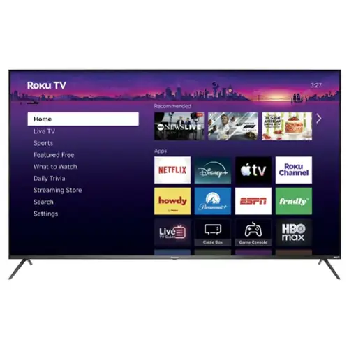 ROKU TV  
3:27  
ROKU  
Recommended  
Home Live TV  
Sports Featured Free What to Watch Daily Trivia Streaming Store Search Settings  
Apps  
NETFLIX Disney+ tv Channel howdy ESPN frndly Paramount+ Roku Live HBO TV Guide max Cable Box Game Console
