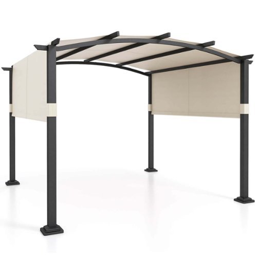 Costway - 10' x 10' Outdoor Pergola with Retractable Sunshade Canopy Anchored Plates Patio - Beige + Black-Front_Standard 