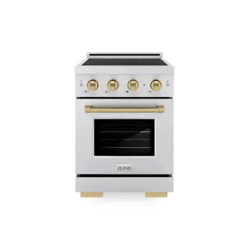 Front. ZLINE - Autograph 24 in. 3.2 cu. ft. Paramount Freestanding Induction Range with 3 Burners and Electric Oven w/ Bronze Accents - Stainless Steel.