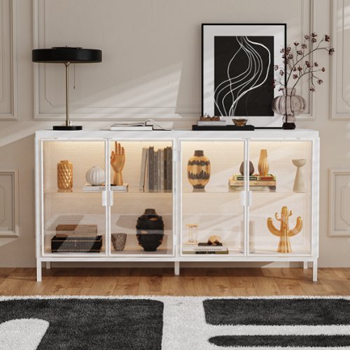 Famapy - Modern Glass Door Display Cabinet with LED Lighting Metal Frame Tempered GlassStorage Shelves for Living Room - White-Front_Standard 