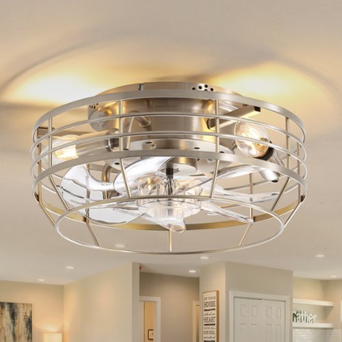 Breezary - 12" Indoor Flush Mount Cage Ceiling Fan with Remote, 7 Blades, 6-Speed DC Motor, Timer & Memory, Compact for Small Rooms - Satin Nickel and Clear-Front_Standard 