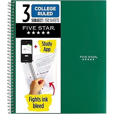 Five Star - 3-Subject Notebooks, 8.5" x 11", College Ruled, 150 Sheets, Color chosen at random (06050/06210) - Assorted