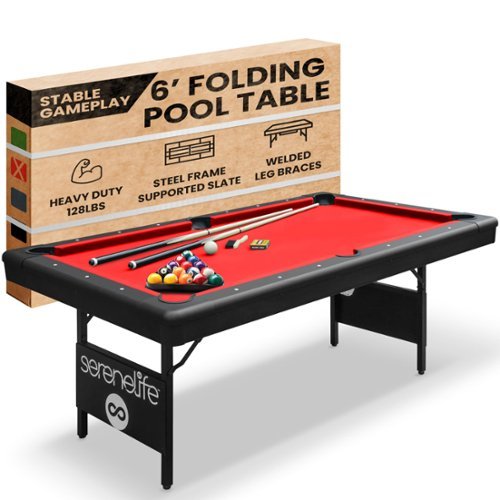 SereneLife - SLOHT261 6-Ft Folding Pool Table, Portable Billiard Table with 2 Cue Sticks, Full Set of Balls - Red-Front_Standard 