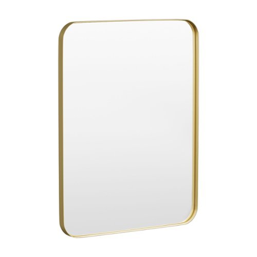 LOVMOR - 28 in. W x 36 in. H Tempered Glass Rounded Rectangle Framed Wall-Mounted Bathroom Vanity Mirror in Gold - Gold